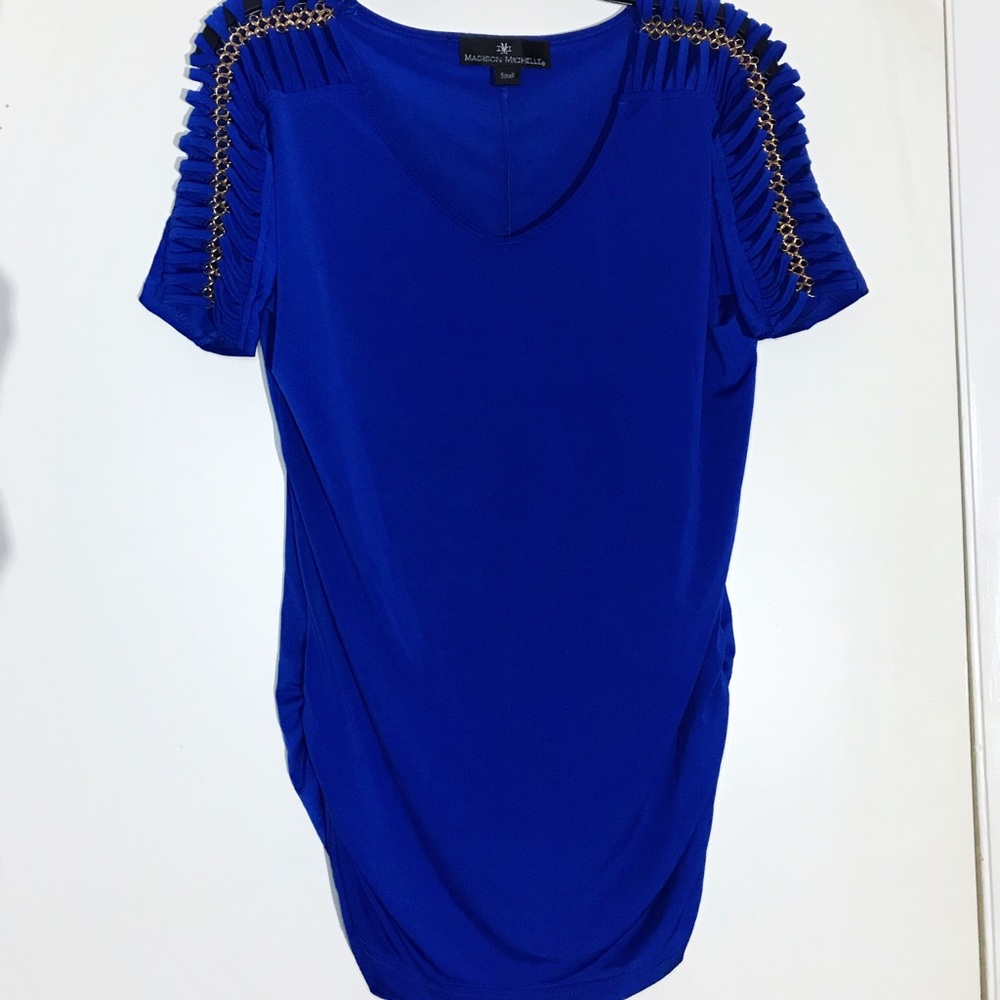 Cobalt Blue V-neck Top with Gold Chainmail Sleeve